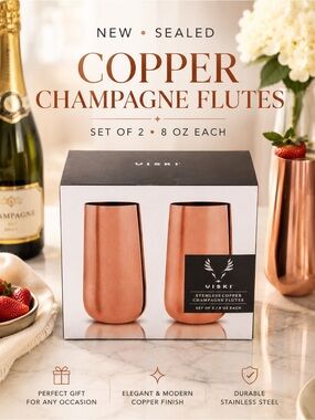 VISKI Stemless Copper Champagne Flutes Set of 2 | 8 oz | New Sealed Gift Box
